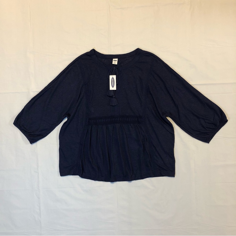 NWT Old Navy Women’s 3/4 Sleeve Boho Tassel-Tie Linen-Blend Blue Top XS